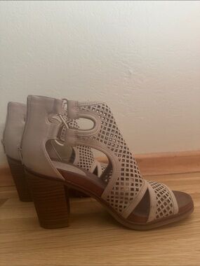 MIA Perforated Block Heel Sandals in Light Taupe